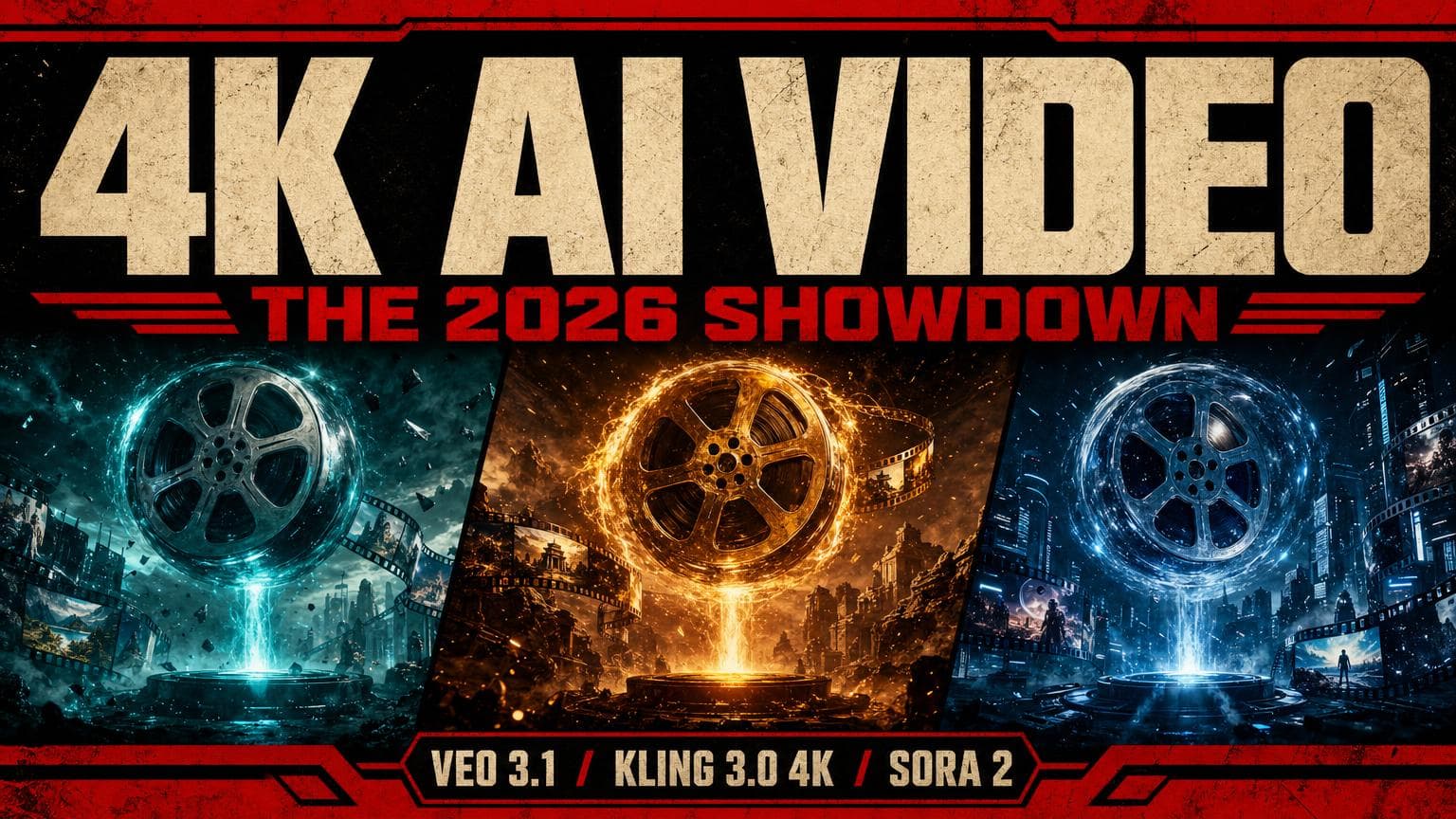 A side-by-side comparison of 4K AI video models Veo 3.1, Kling 3.0 4K and Sora 2 in a cinematic color-graded poster