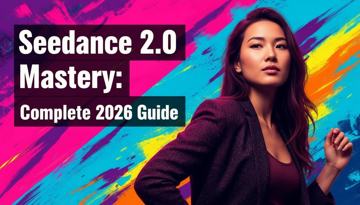 Bold propaganda poster style cover for Seedance 2.0 mastery guide featuring confident person with dynamic pose and high-impact contrasting background for viral AI video content