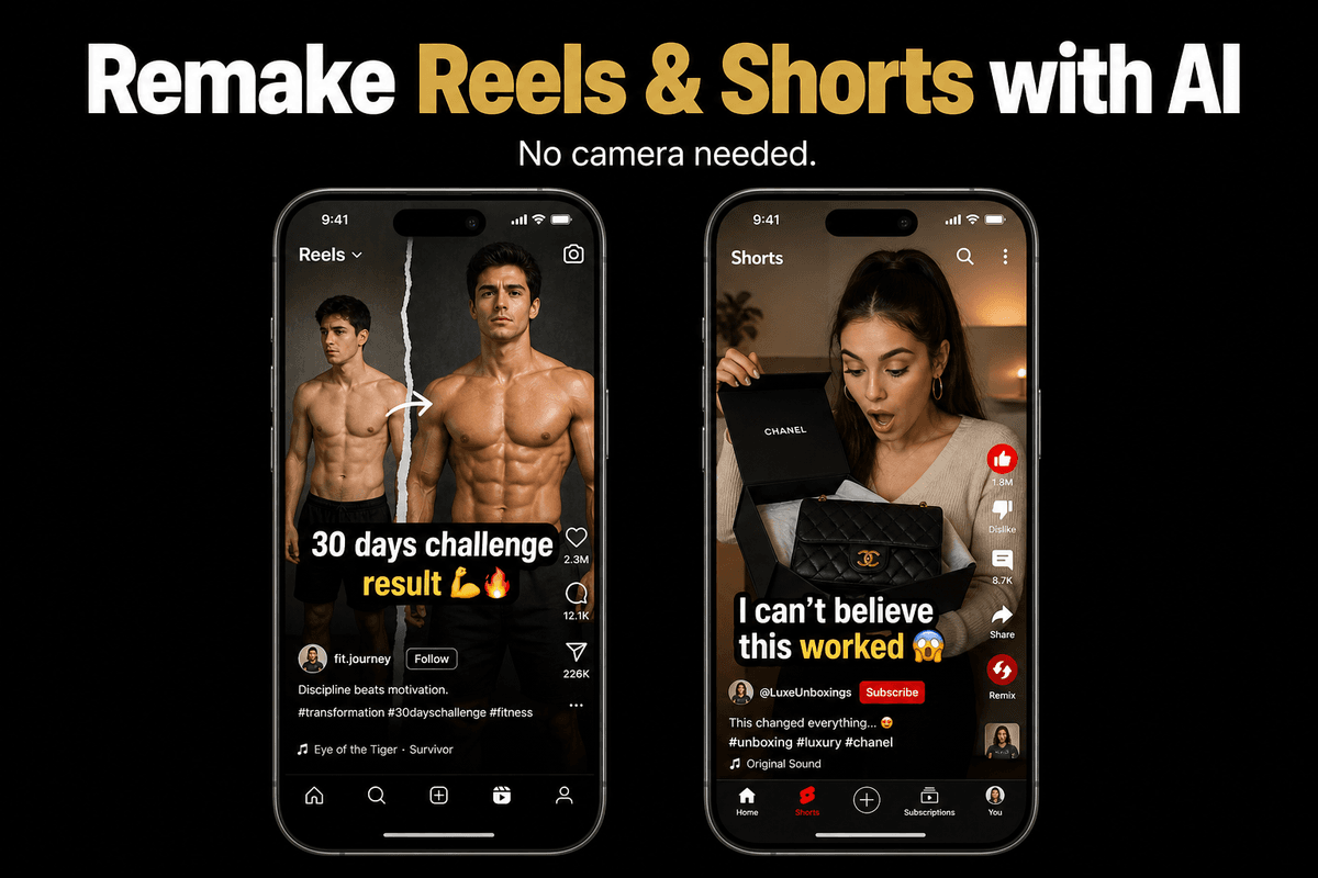AI remake workflow for Instagram Reels and YouTube Shorts showing source video analysis and new AI-generated output side by side