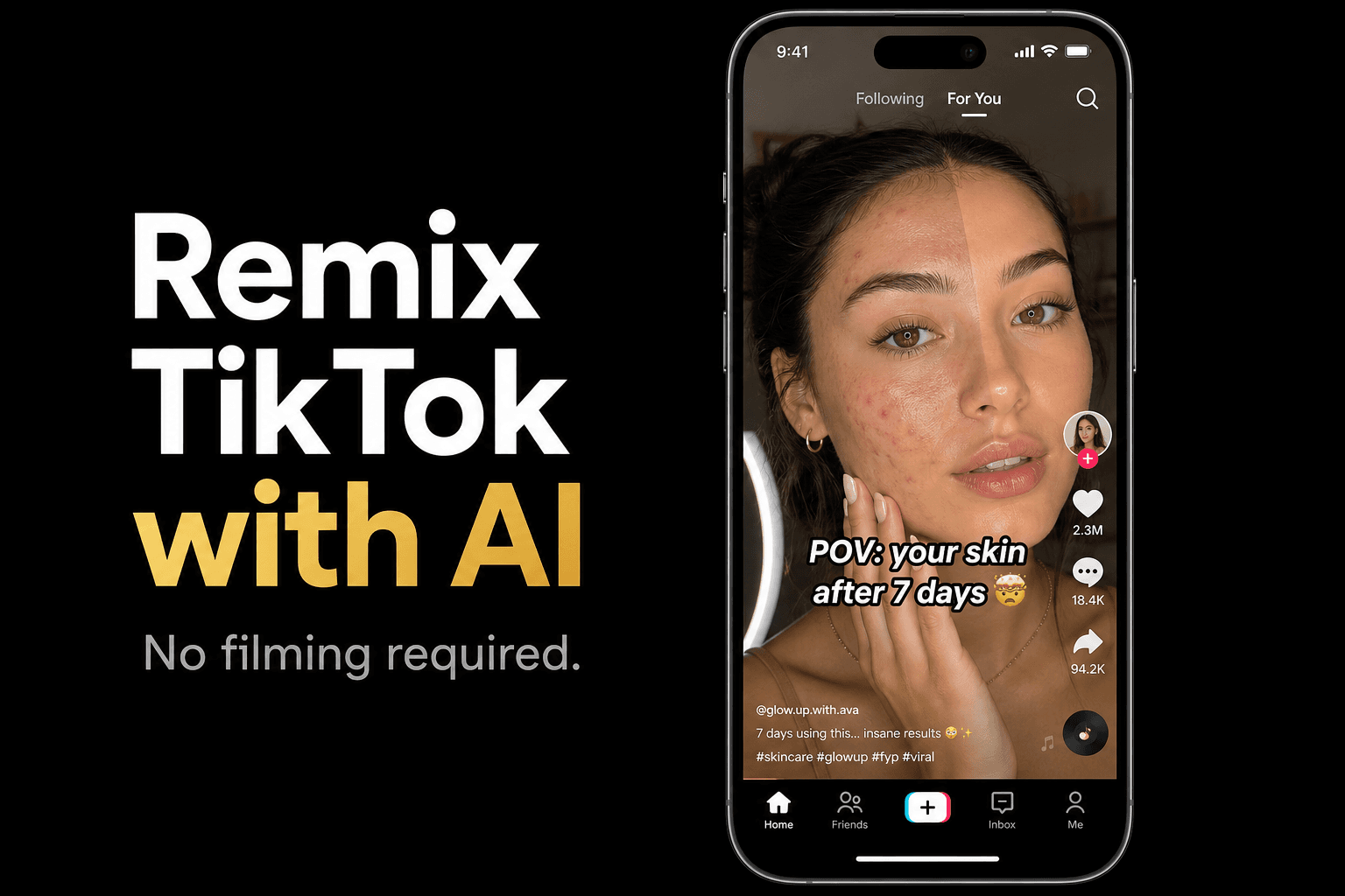 AI TikTok remix workflow showing a source TikTok being analyzed and remixed into new AI-generated video variants