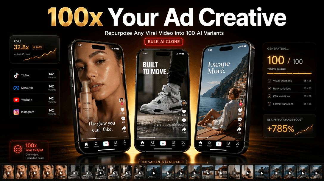 Bulk AI video cloning workspace showing multiple TikTok source videos generating variants in parallel across a visual canvas